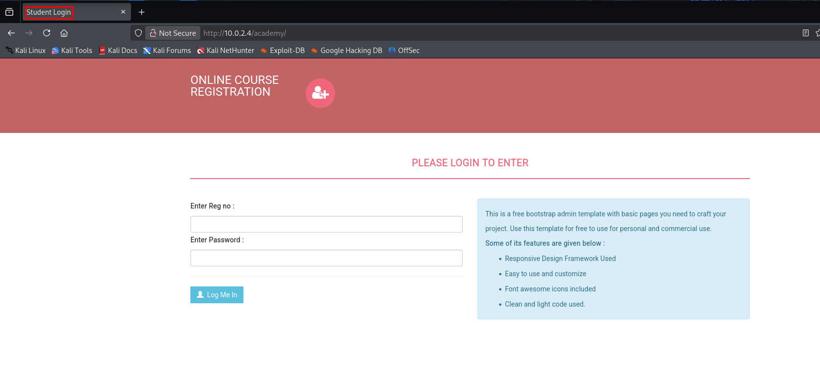 Academy Login Page